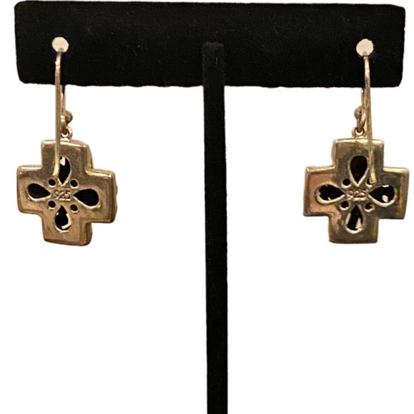 925 Sterling Silver Scrollwork Cross Dangle/Drop Earrings with Onyx Setting - Picture 2 of 2